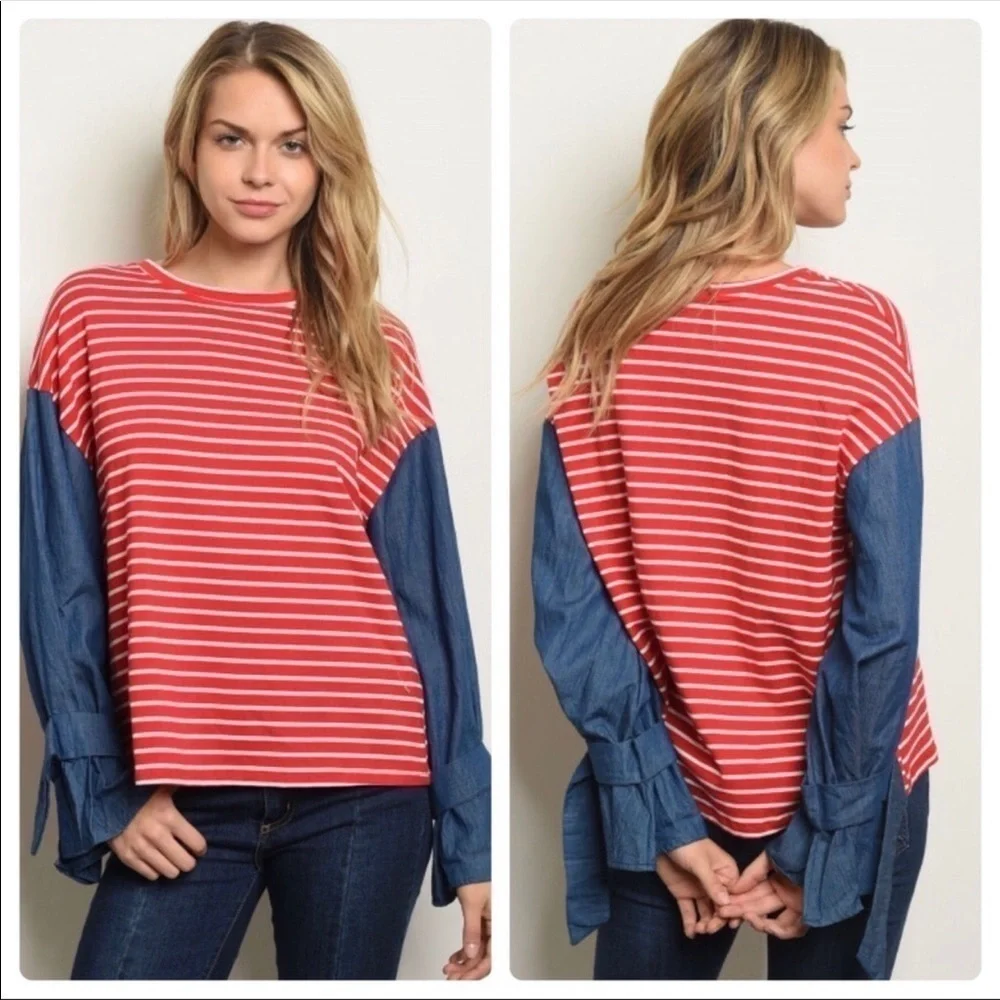 Red & white striped blouse with denim slee… - Picture 5 of 6